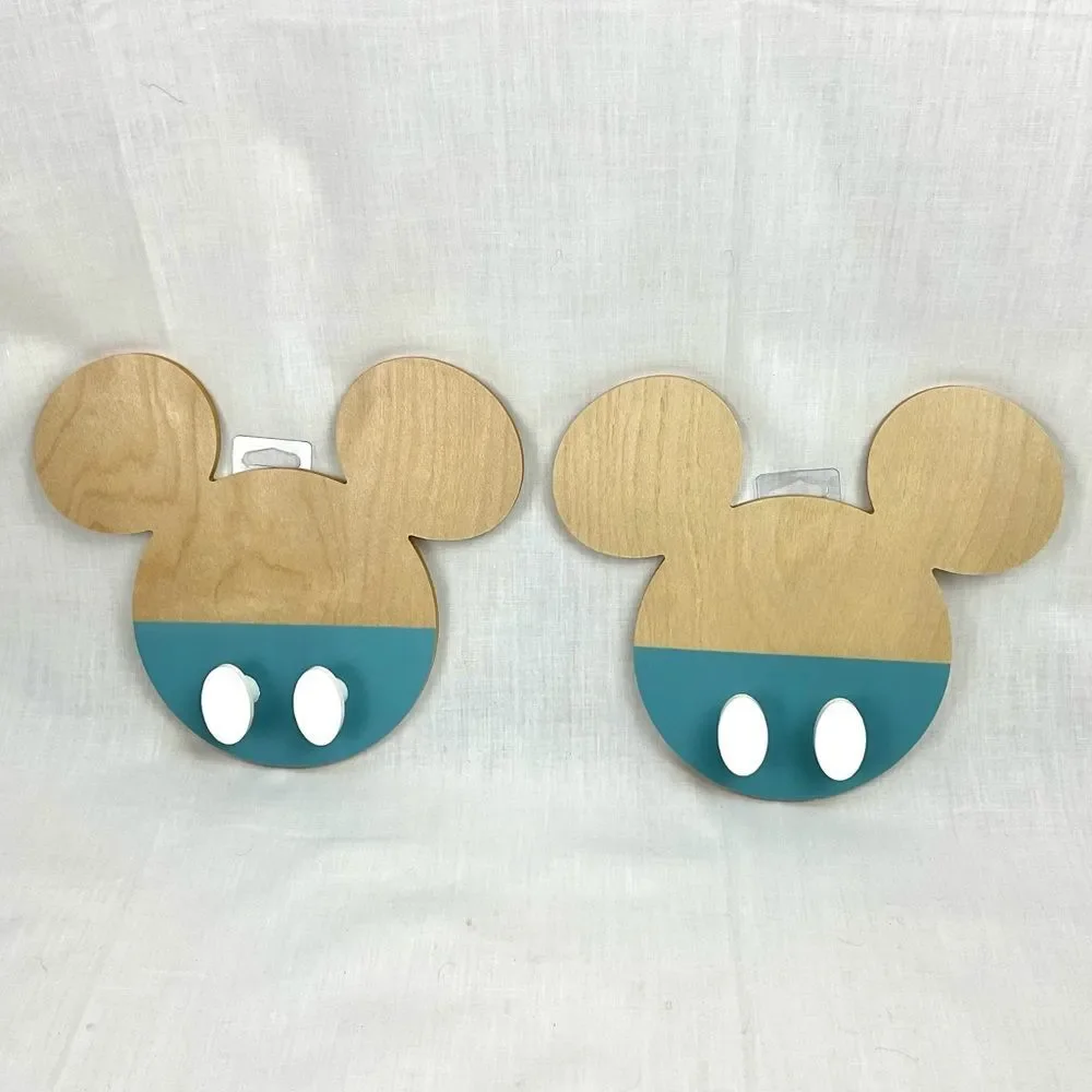 DISNEY Mickey Mouse Wall Hooks Wooden Wall Mount Set of 2 - New